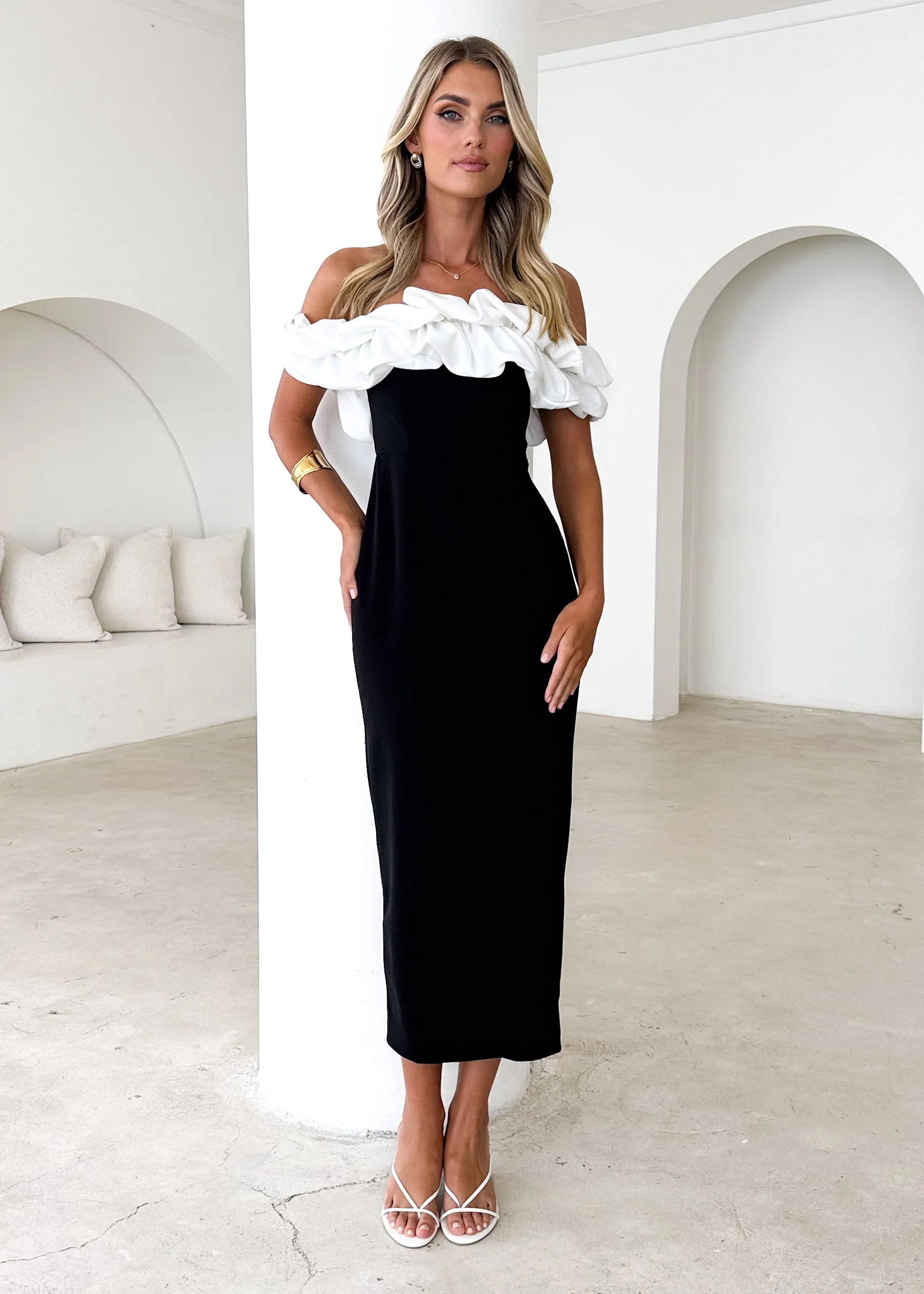Ashlynn Off Shoulder Midi Dress - Black Splice sold by Gingham & Heels