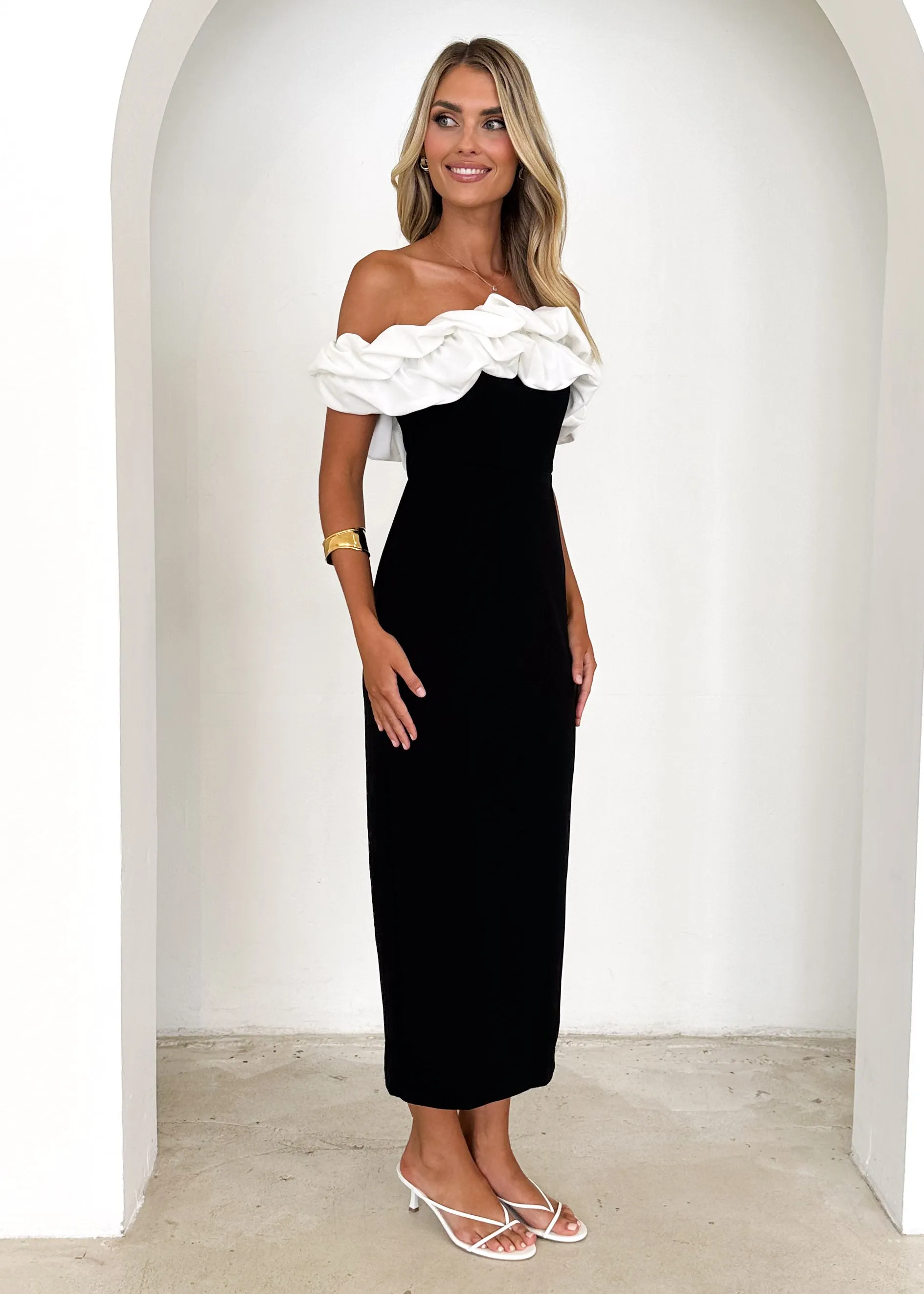 Ashlynn Off Shoulder Midi Dress - Black Splice sold by Gingham & Heels product image thumbnail 4