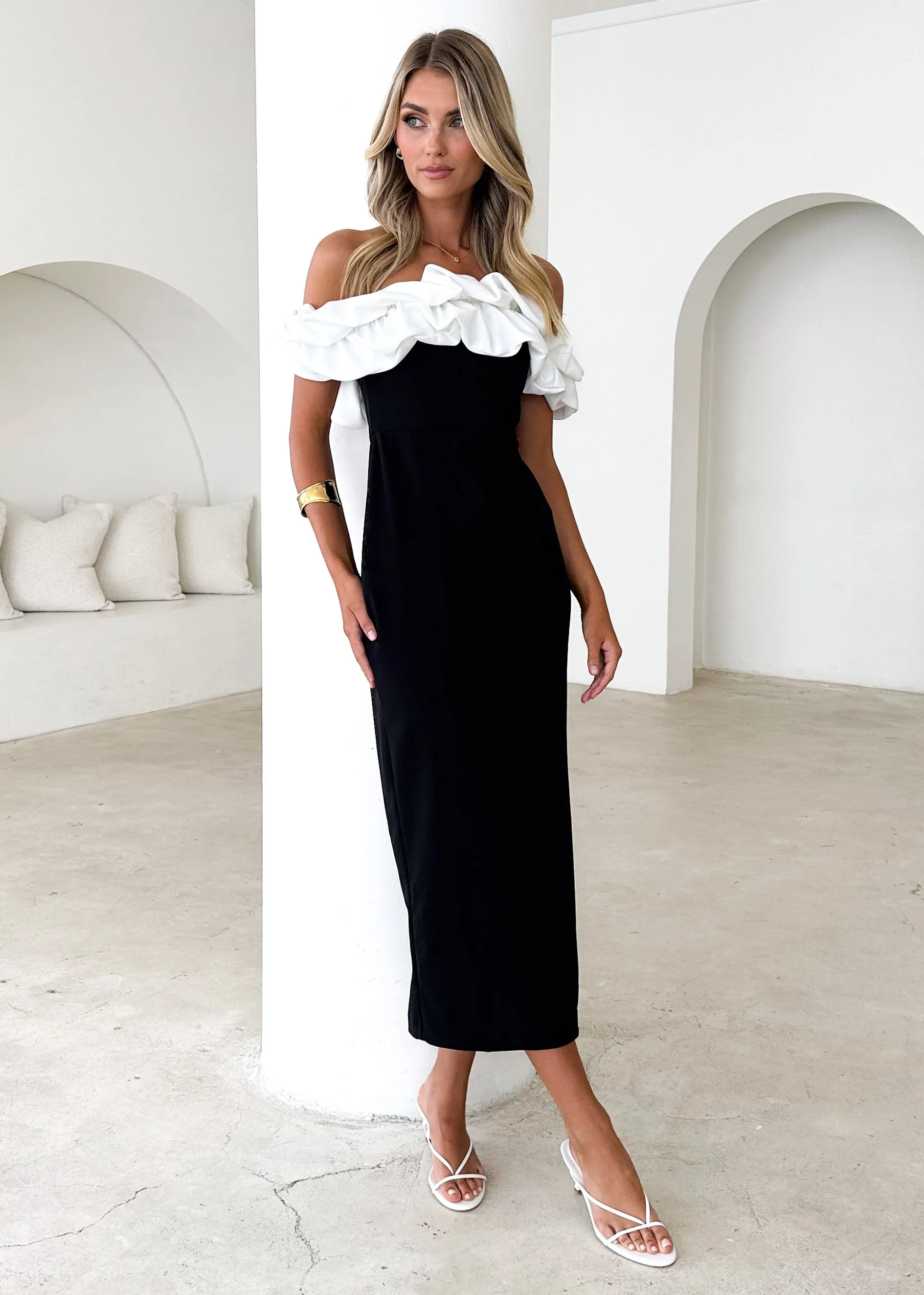 Ashlynn Off Shoulder Midi Dress - Black Splice sold by Gingham & Heels product image thumbnail 2