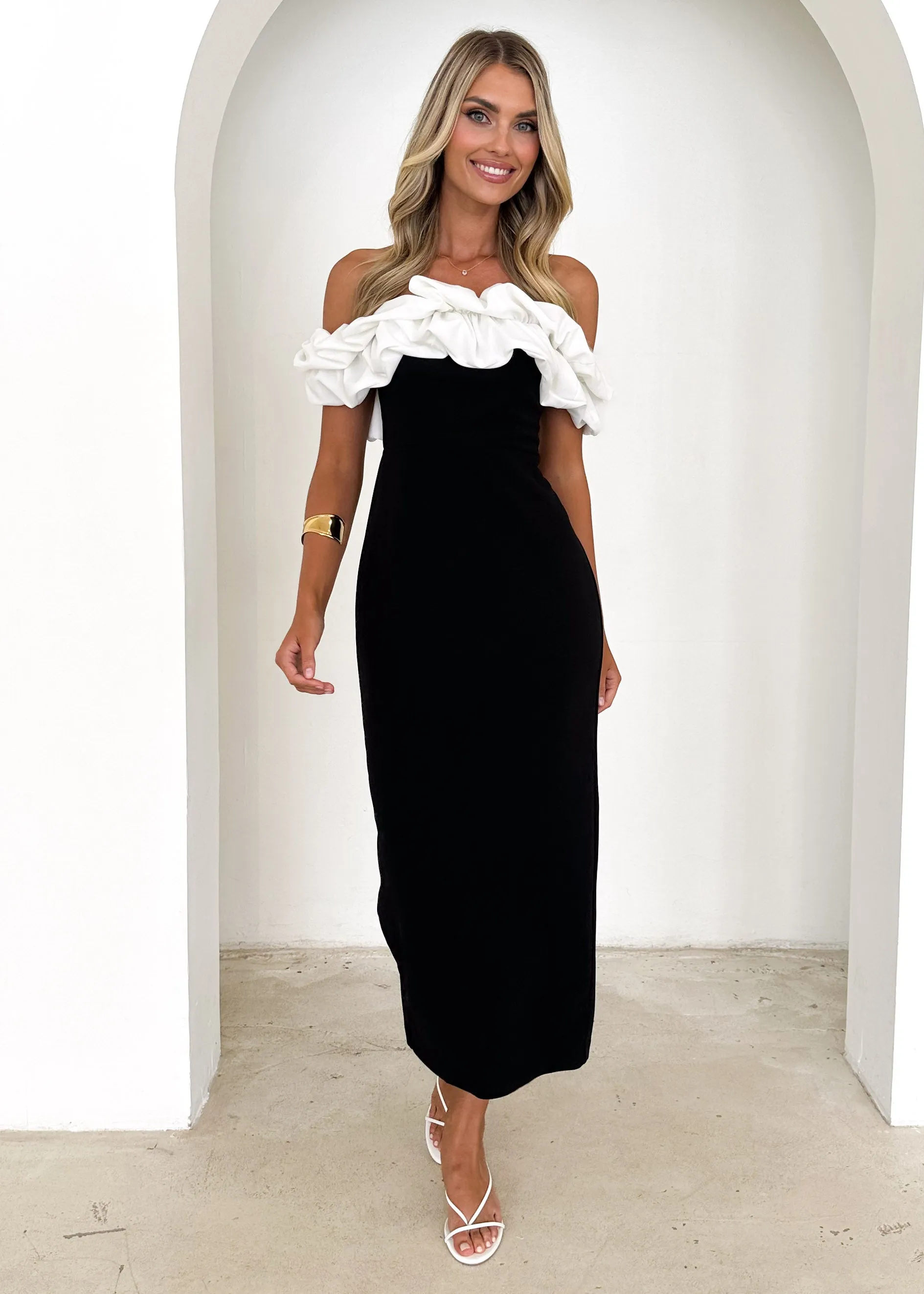 Ashlynn Off Shoulder Midi Dress - Black Splice sold by Gingham & Heels product image thumbnail 3