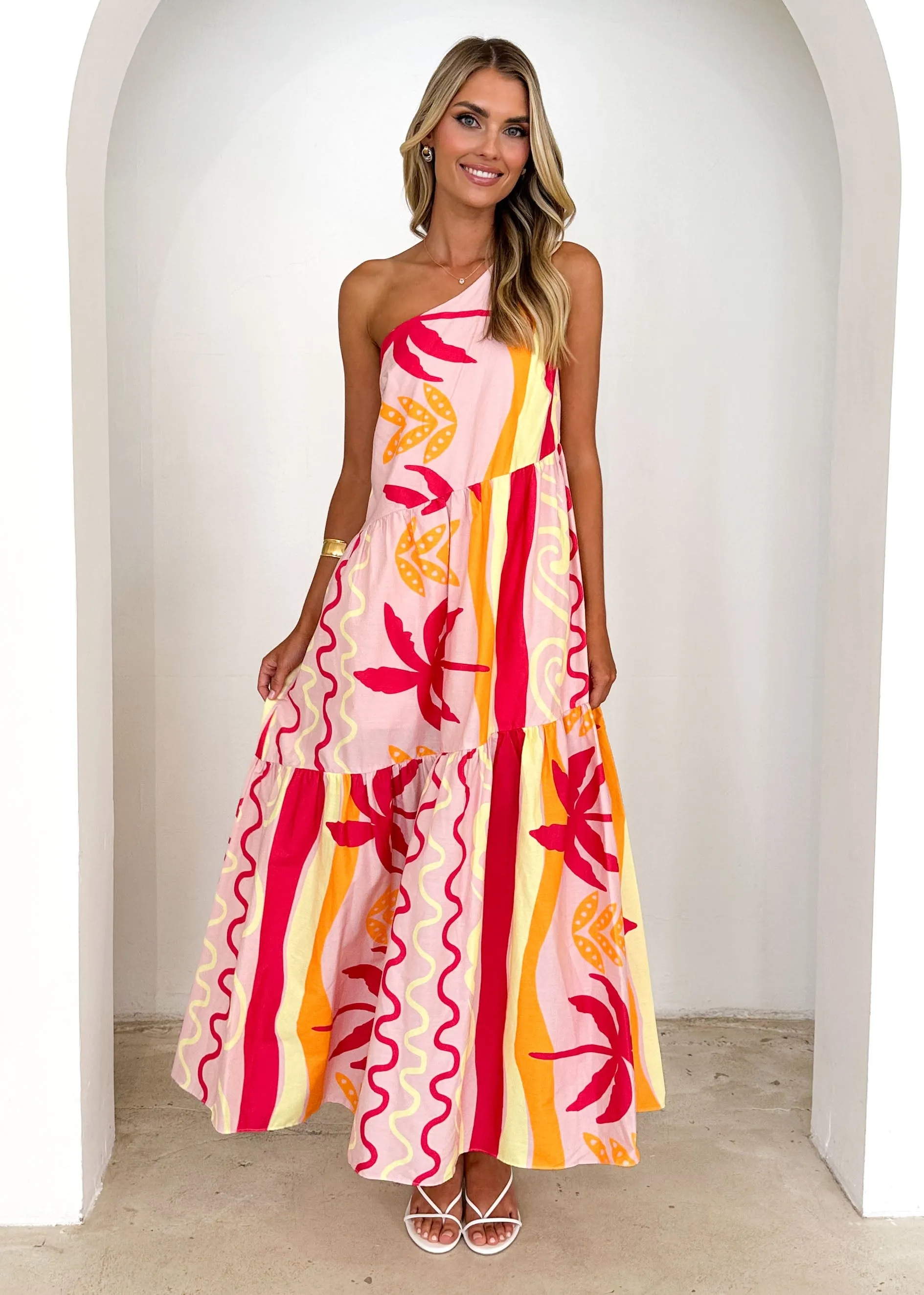 Indira One Shoulder Maxi Dress - Pink Palm sold by Gingham & Heels product image thumbnail 3