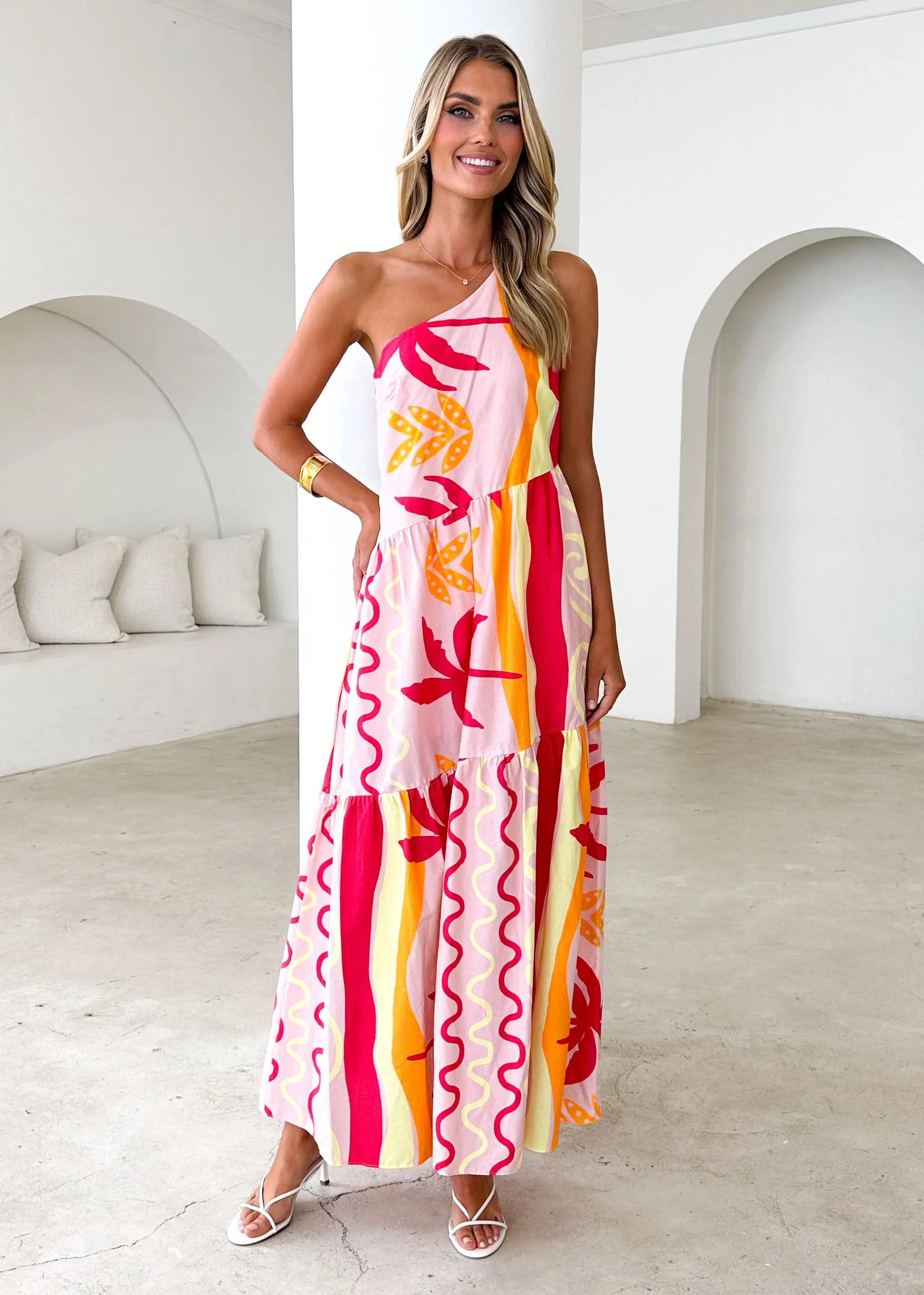 Indira One Shoulder Maxi Dress - Pink Palm sold by Gingham & Heels product image thumbnail 2