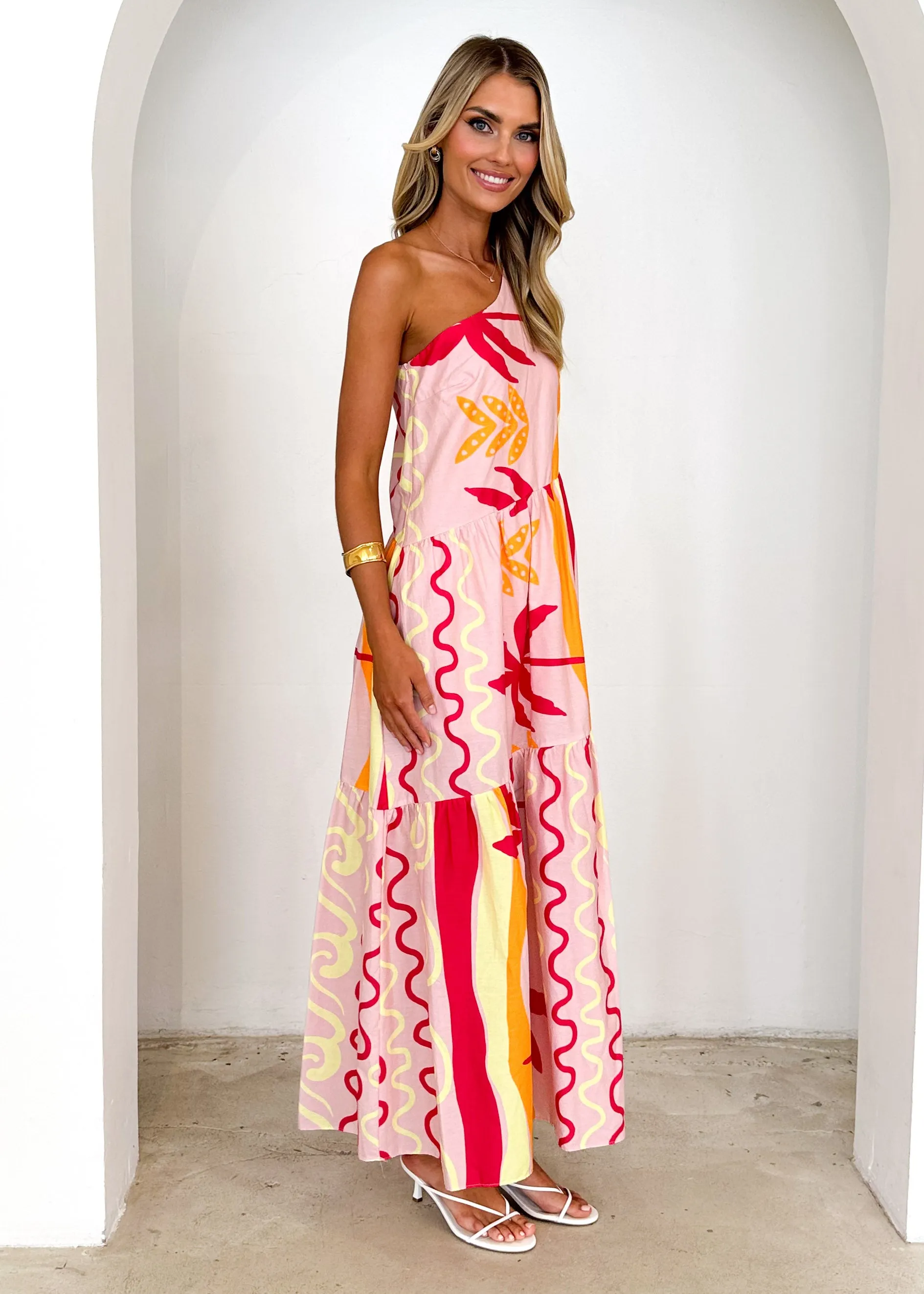 Indira One Shoulder Maxi Dress - Pink Palm sold by Gingham & Heels product image thumbnail 4