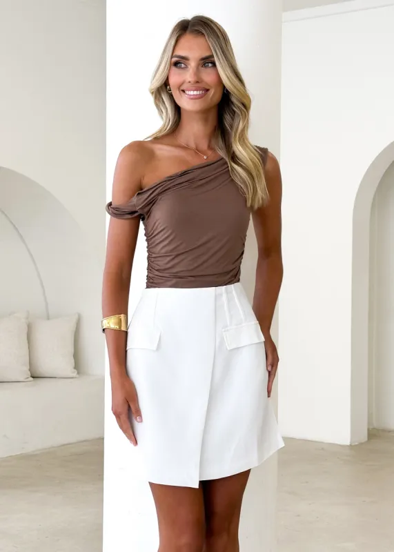 Bryn One Shoulder Bodysuit - Brown sold by Gingham & Heels