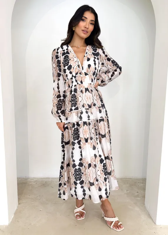 Natassia Maxi Dress - Beige Blossom sold by Gingham & Heels
