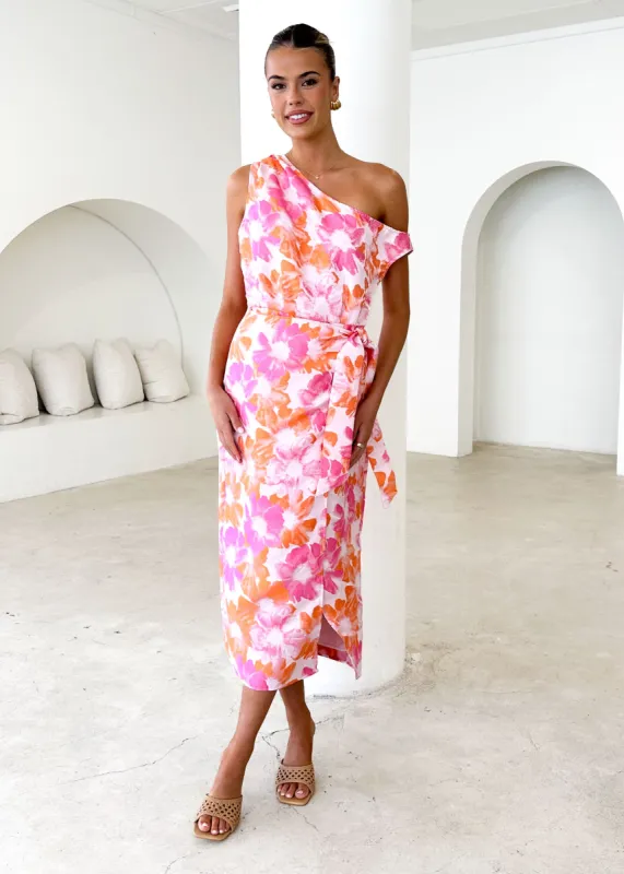 Sansara One Shoulder Midi Dress - Sunset Floral sold by Gingham & Heels