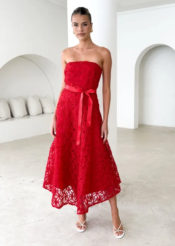 Maddy Strapless Midi Dress - Red sold by Gingham & Heels