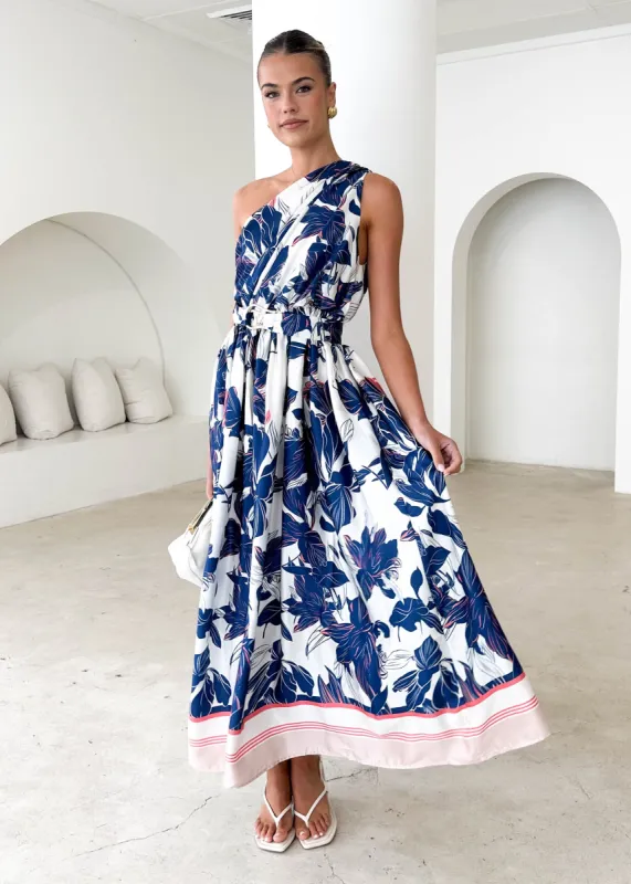 Korah One Shoulder Midi Dress - Sapphire Floral sold by Gingham & Heels