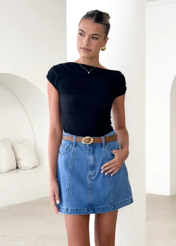 Sabine Denim Skirt - Mid Blue sold by Gingham & Heels