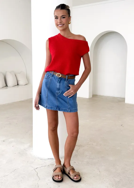 Taissa One Shoulder Knit Top - Red sold by Gingham & Heels