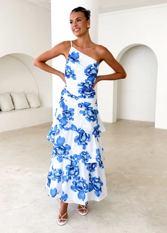 Aspra One Shoulder Midi Dress - Blue Floral sold by Gingham & Heels