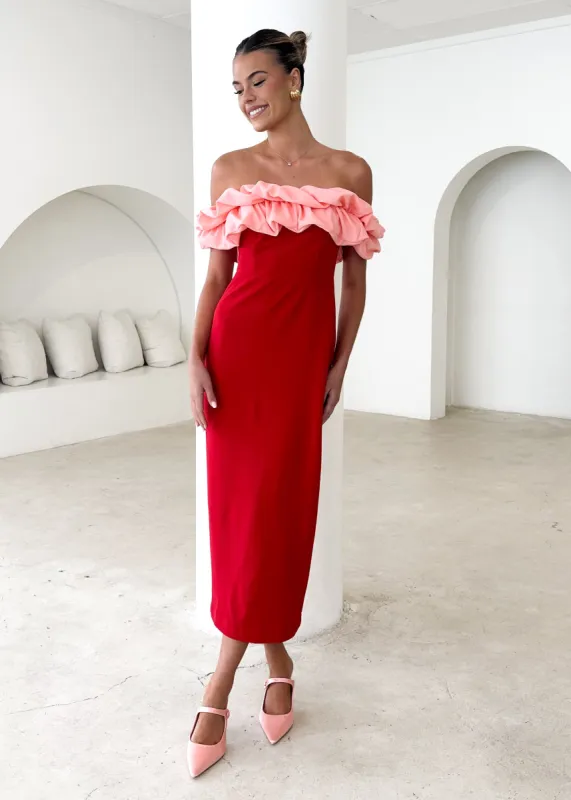 Ashlynn Off Shoulder Midi Dress - Cherry Splice sold by Gingham & Heels