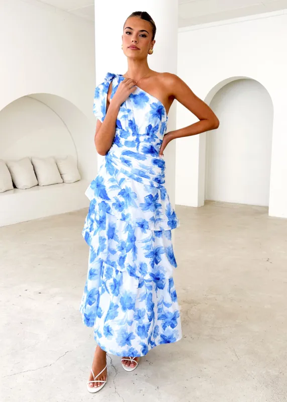 Anrielle One Shoulder Maxi Dress - Blue Flowers sold by Gingham & Heels