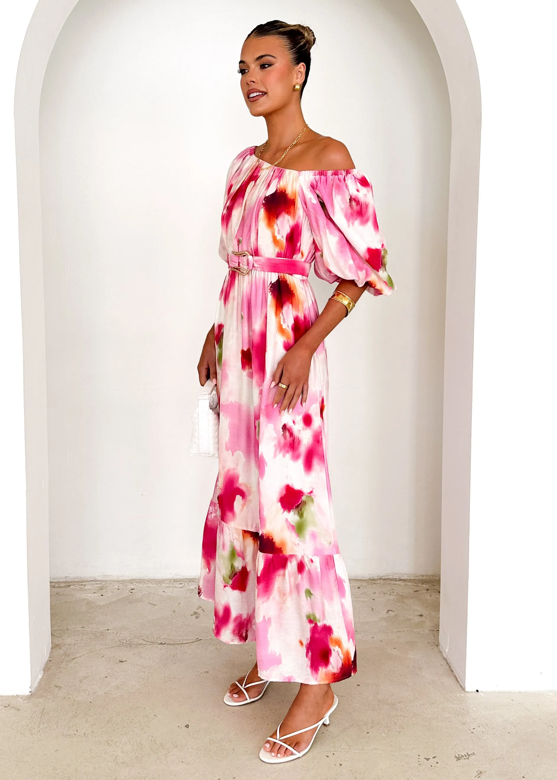 Halia Off Shoulder Midi Dress - Pink Watercolour sold by Gingham & Heels product image thumbnail 4