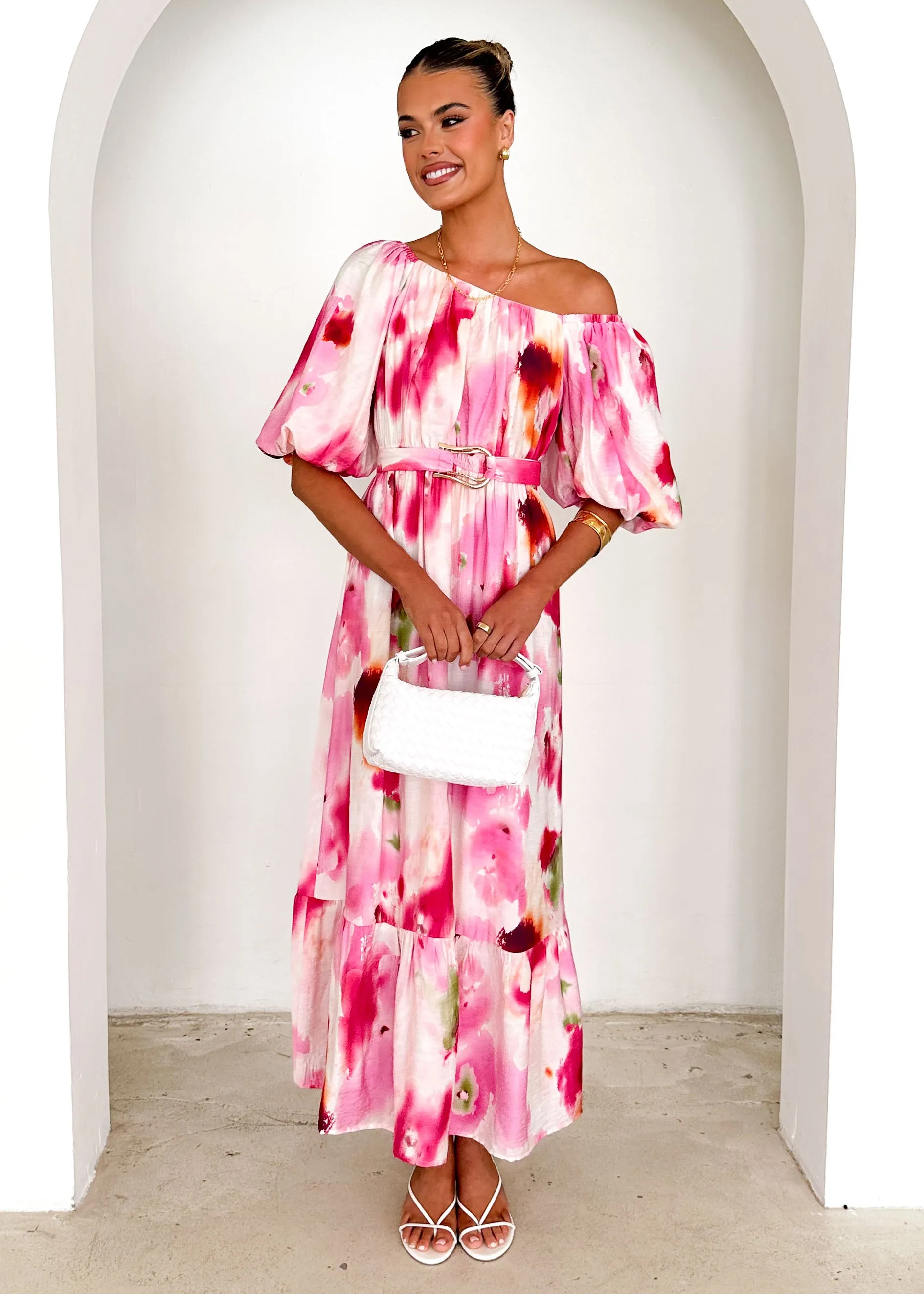 Halia Off Shoulder Midi Dress - Pink Watercolour sold by Gingham & Heels product image thumbnail 3