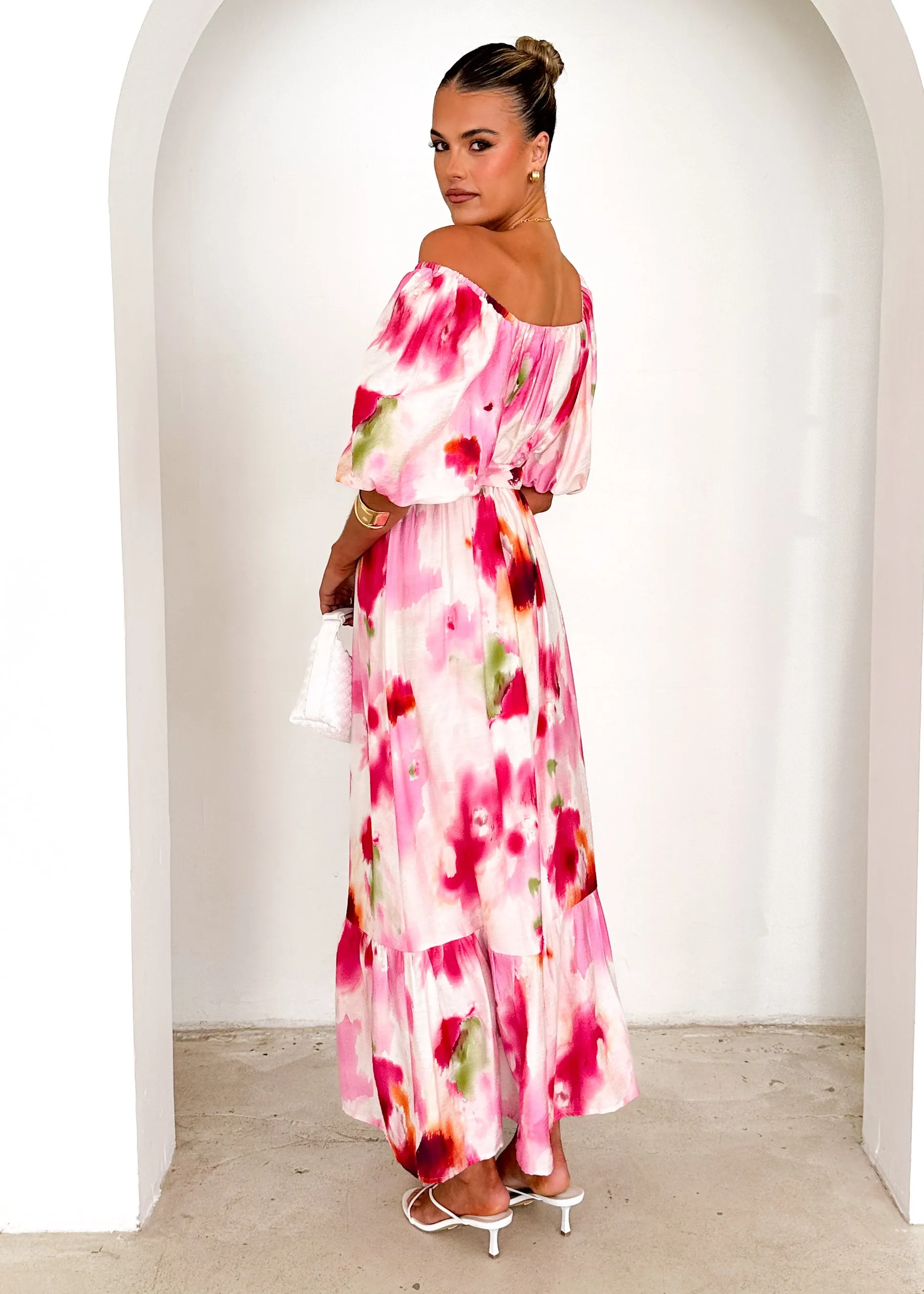 Halia Off Shoulder Midi Dress - Pink Watercolour sold by Gingham & Heels product image thumbnail 5