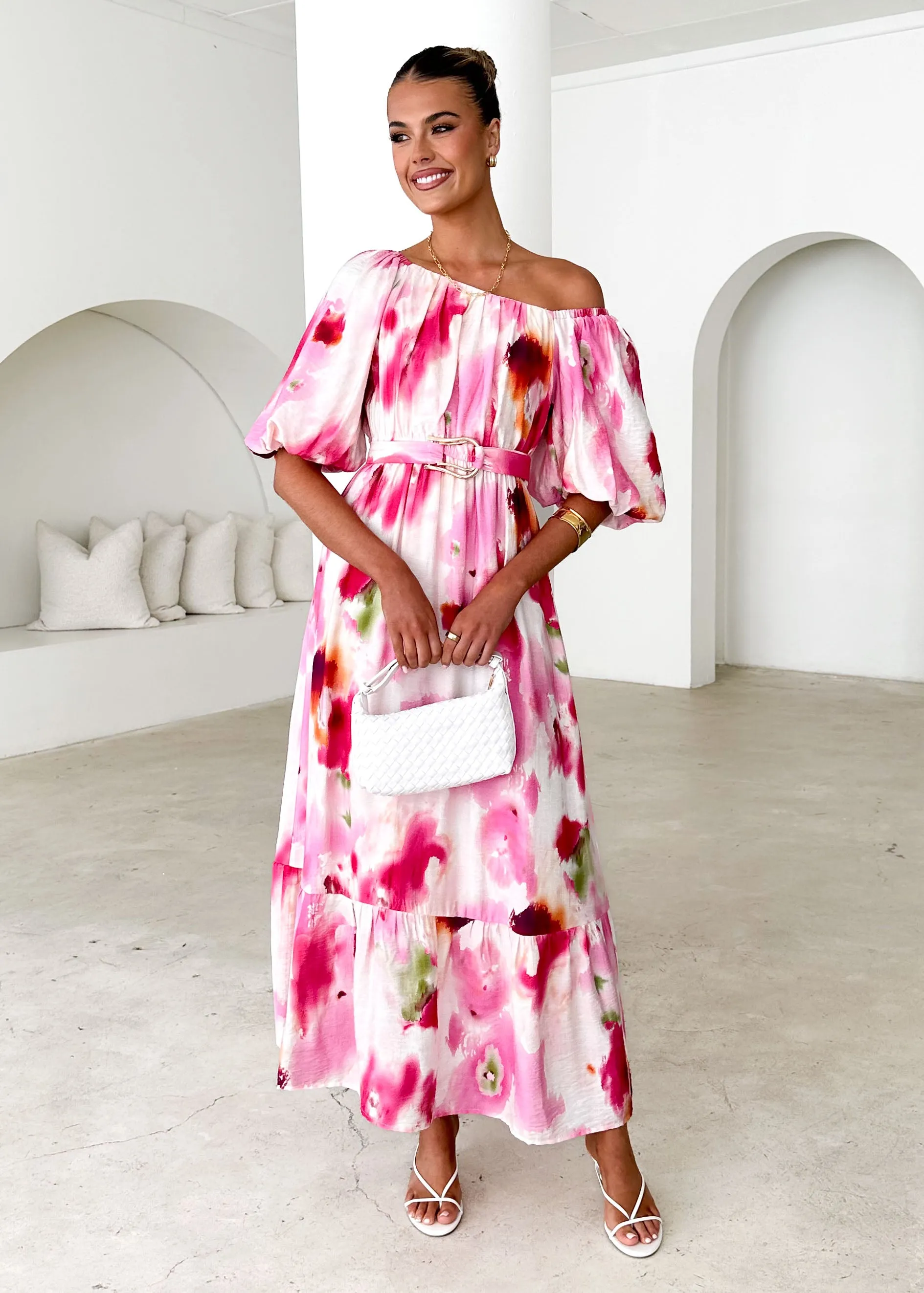 Halia Off Shoulder Midi Dress - Pink Watercolour sold by Gingham & Heels