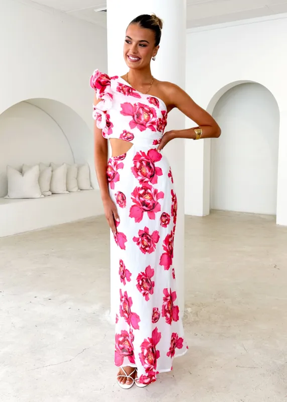Edon One Shoulder Maxi Dress - Red Floral sold by Gingham & Heels