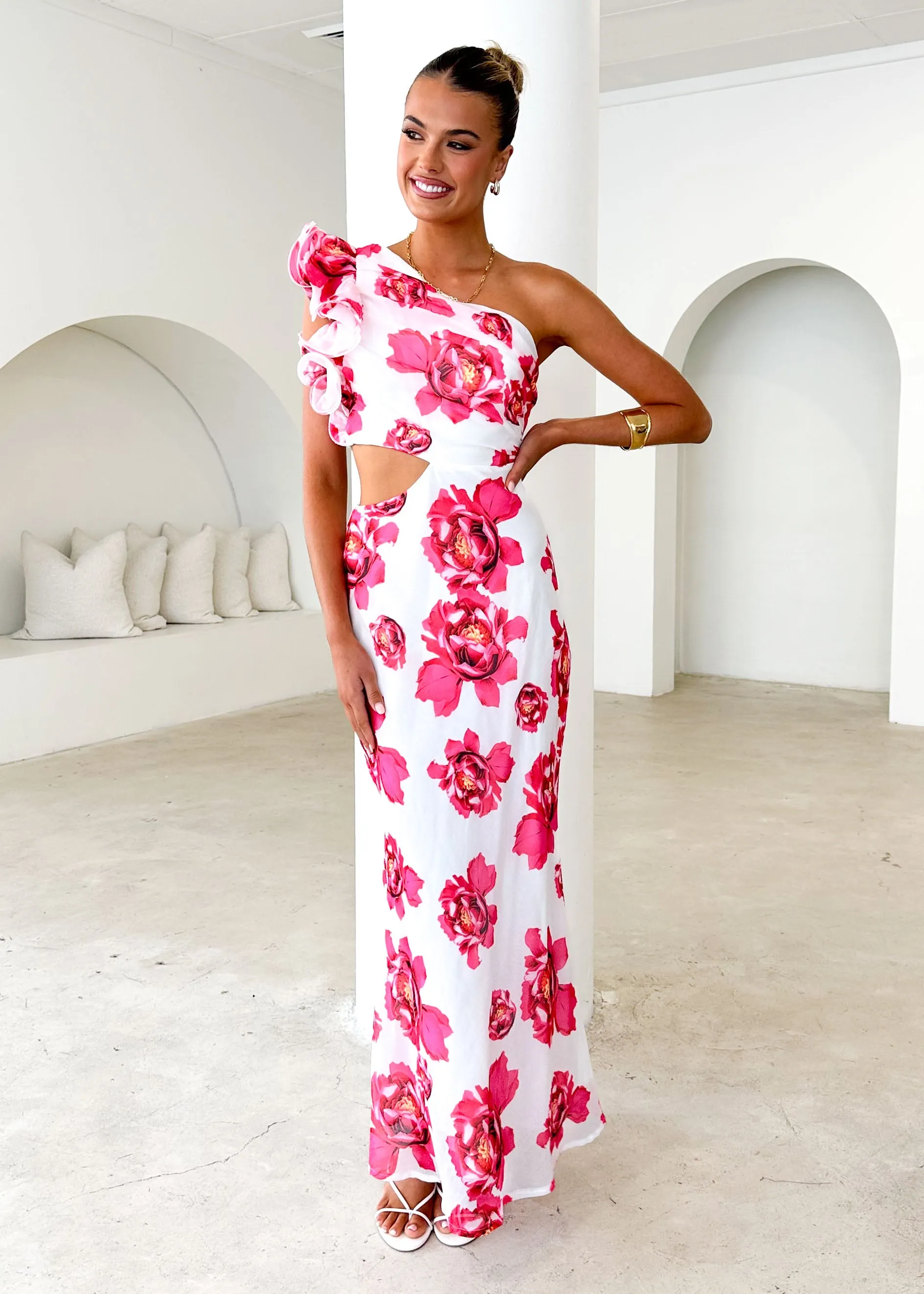 Edon One Shoulder Maxi Dress - Red Floral sold by Gingham & Heels