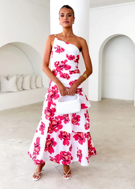 Aspra One Shoulder Midi Dress - Red Floral sold by Gingham & Heels