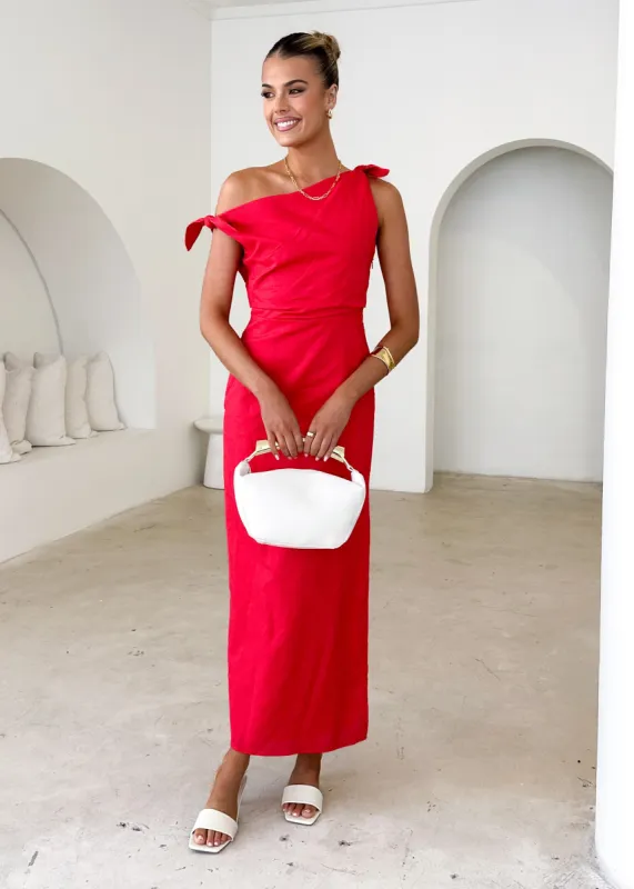 Lanto One Shoulder Midi Dress - Red sold by Gingham & Heels