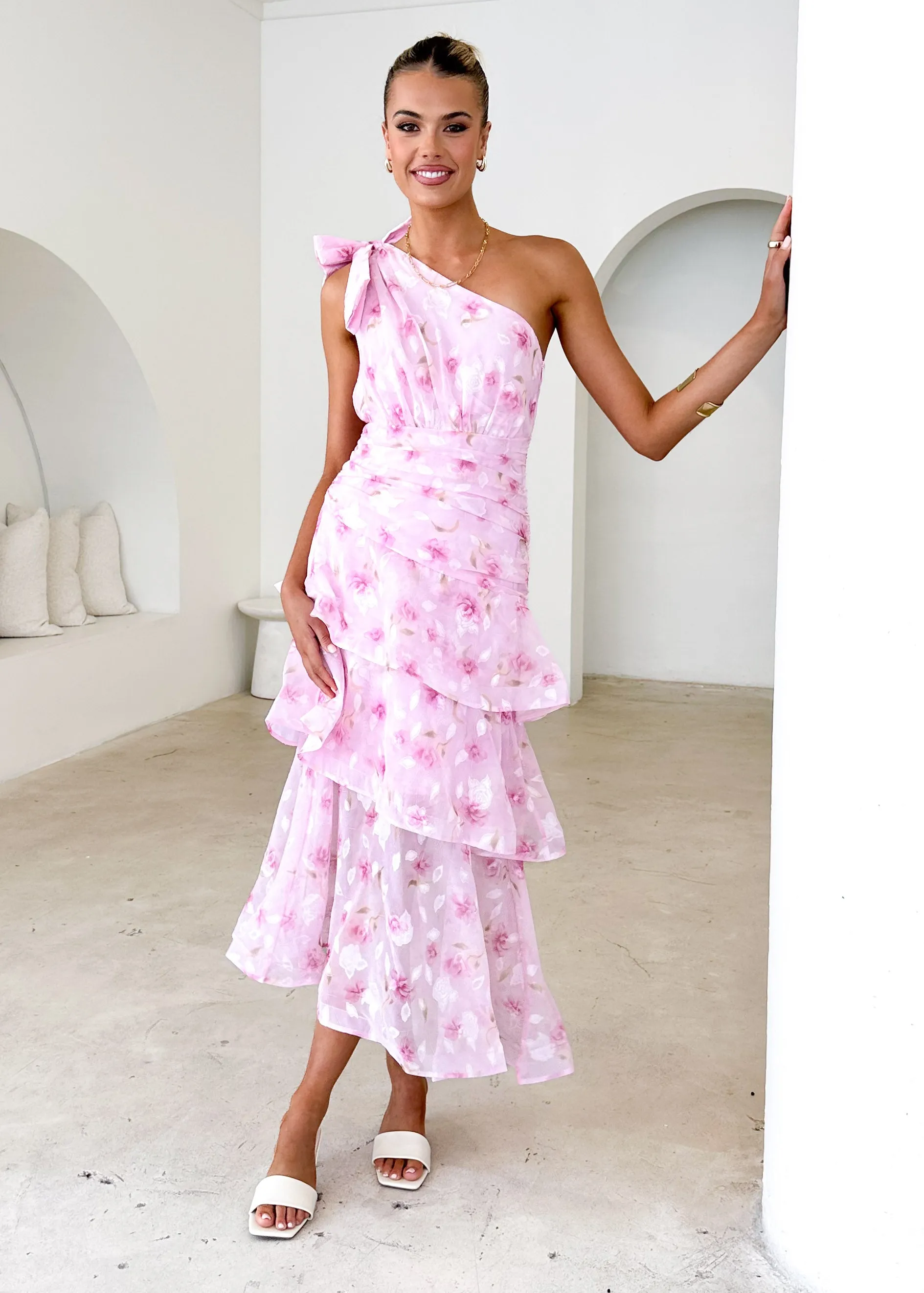 Pinnie One Shoulder Midi Dress - Pink Floral sold by Gingham & Heels product image thumbnail 2