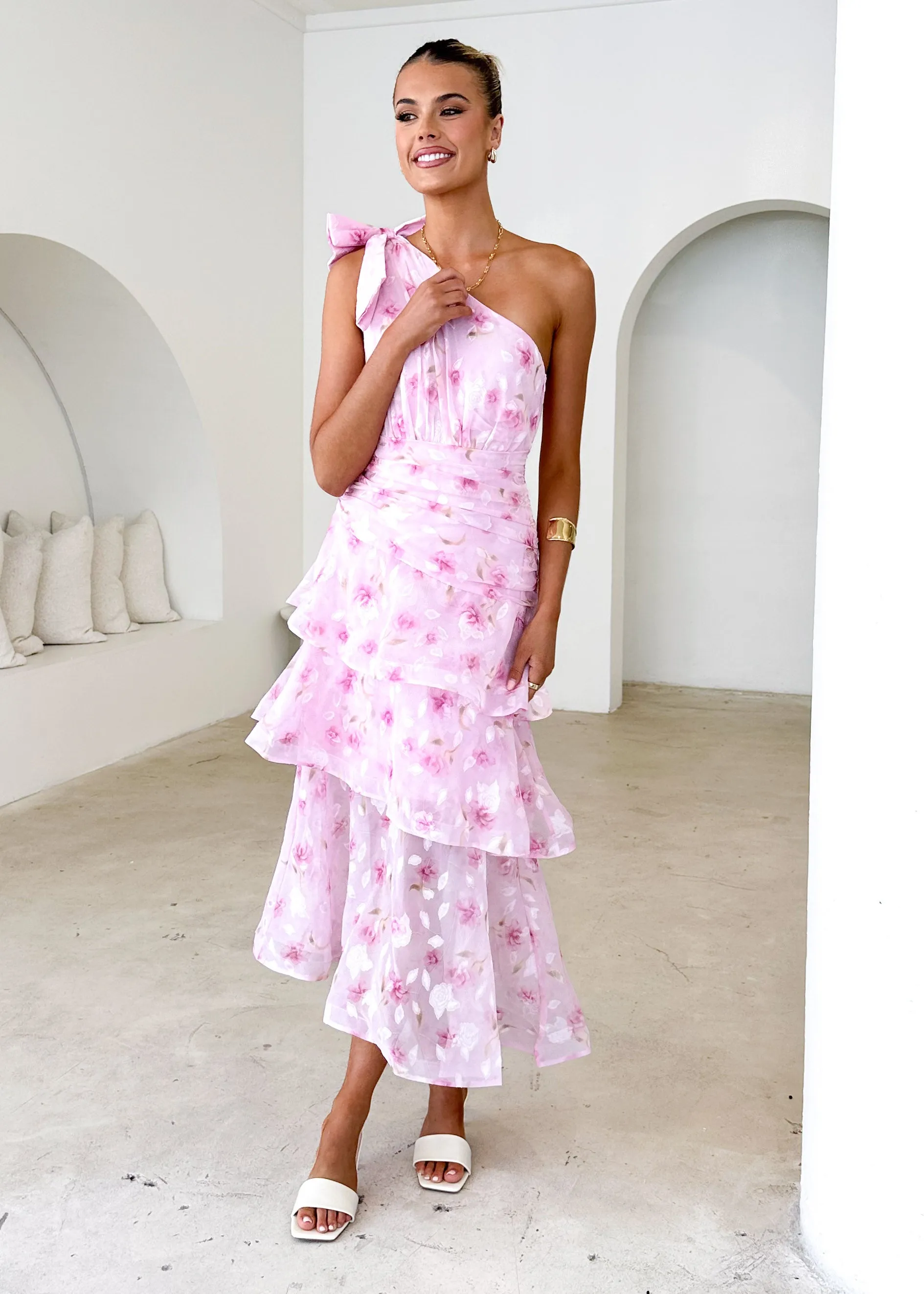 Pinnie One Shoulder Midi Dress - Pink Floral sold by Gingham & Heels