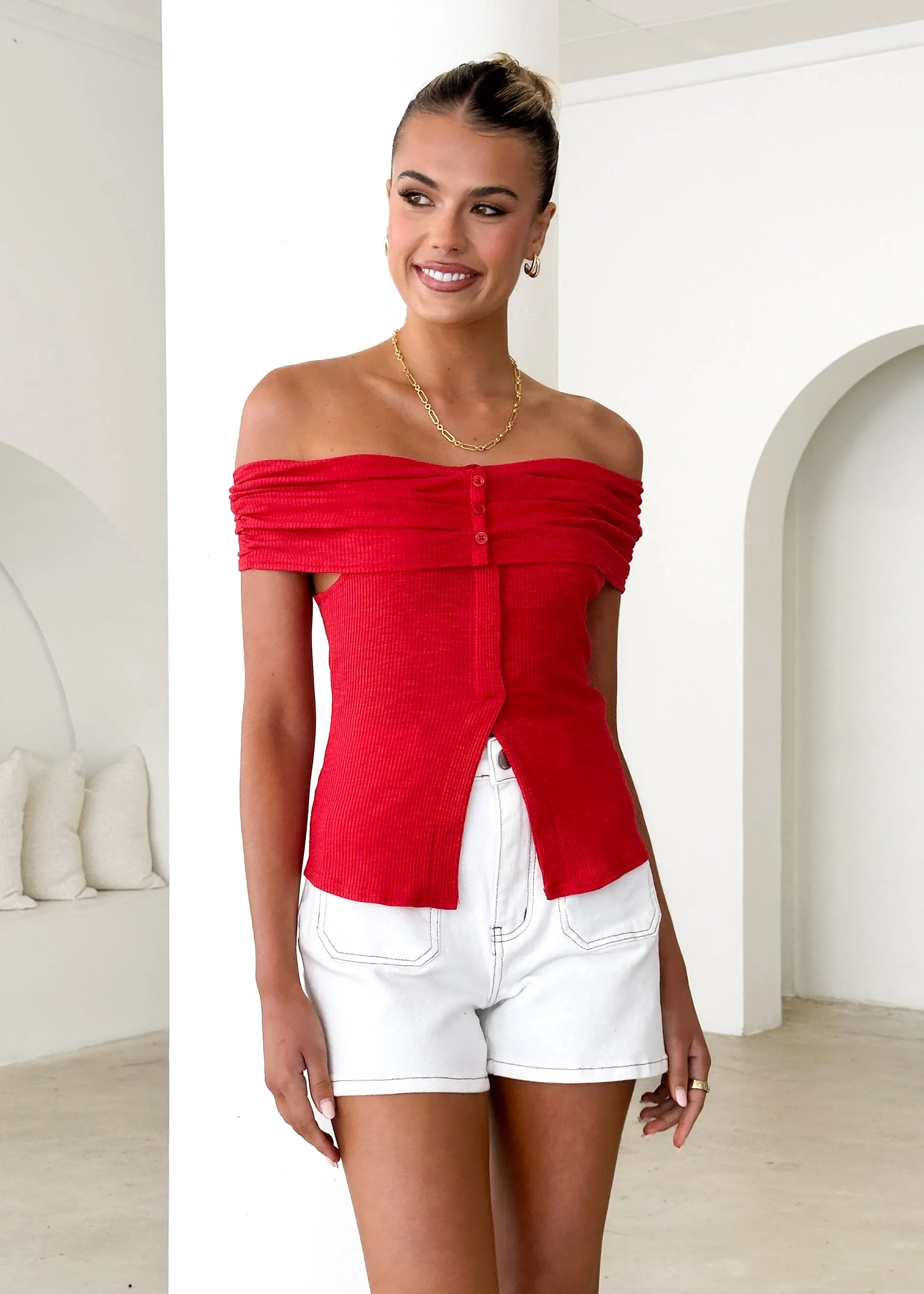 Hewitt Off Shoulder Knit Top - Red sold by Gingham & Heels