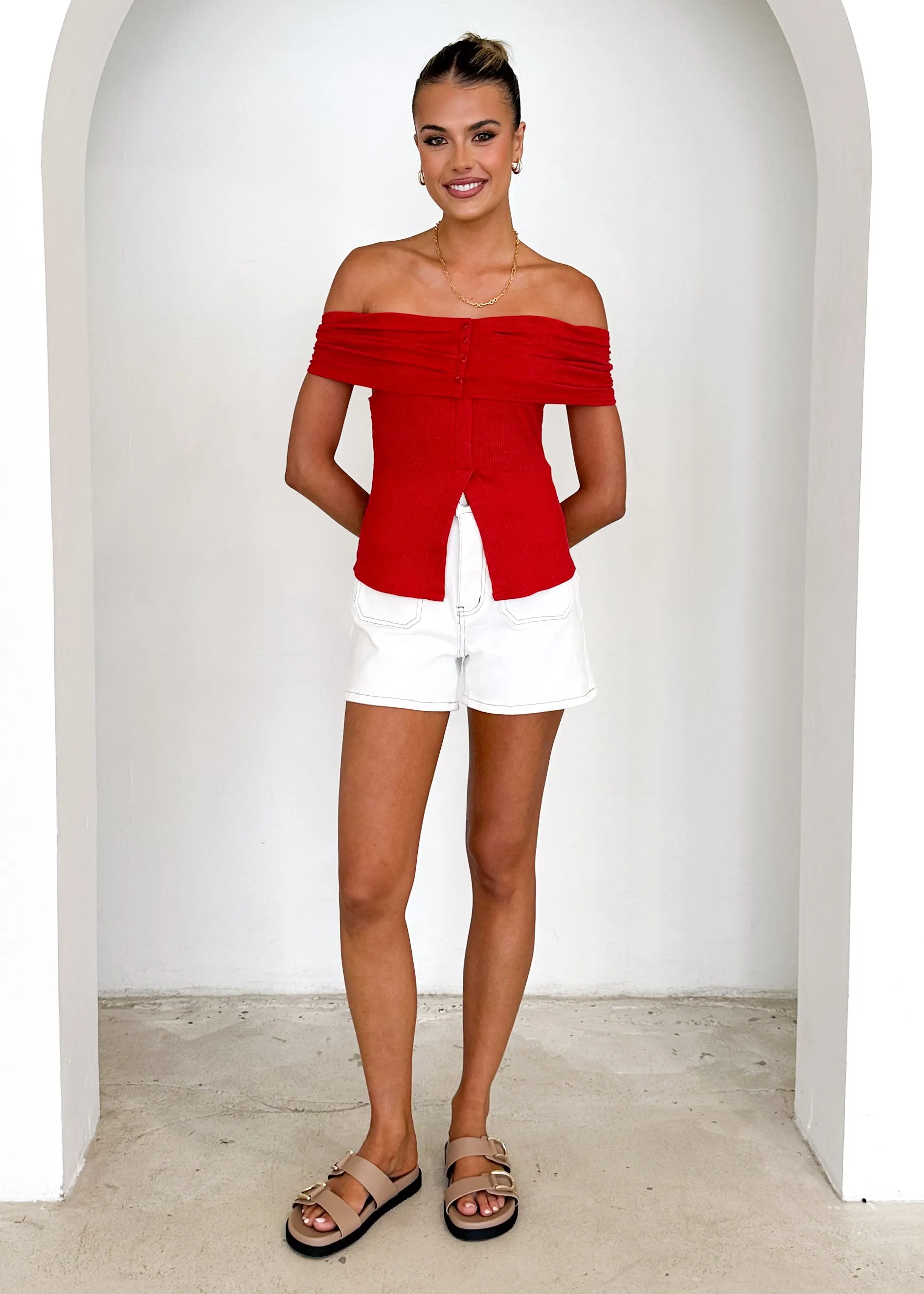 Hewitt Off Shoulder Knit Top - Red sold by Gingham & Heels product image thumbnail 3