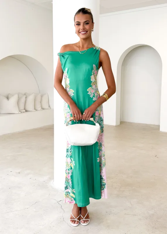 Blossom One Shoulder Maxi Dress - Green Gia sold by Gingham & Heels