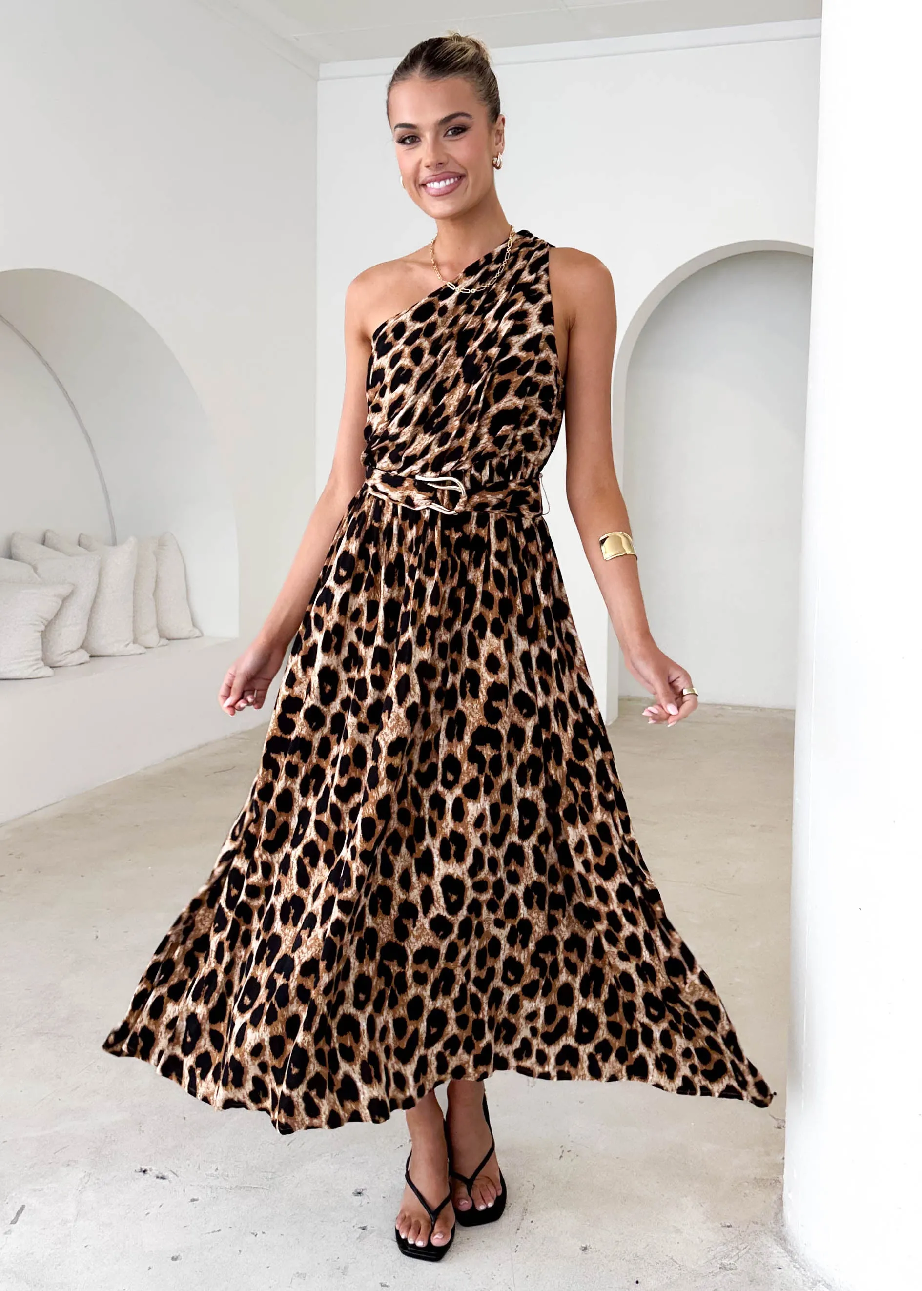 Korah One Shoulder Midi Dress - Leopard sold by Gingham & Heels