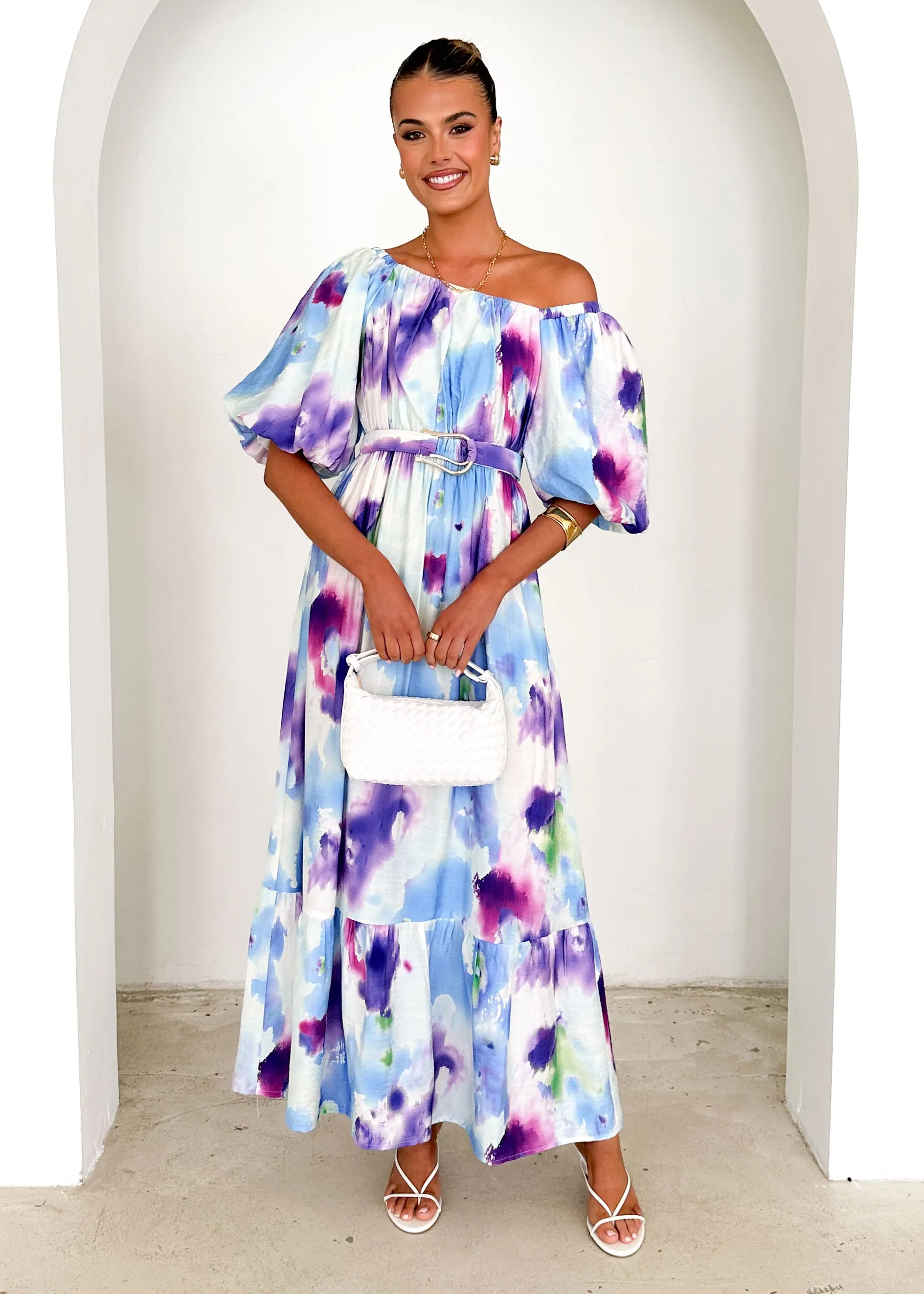Halia Off Shoulder Midi Dress - Violet Watercolour sold by Gingham & Heels product image thumbnail 4