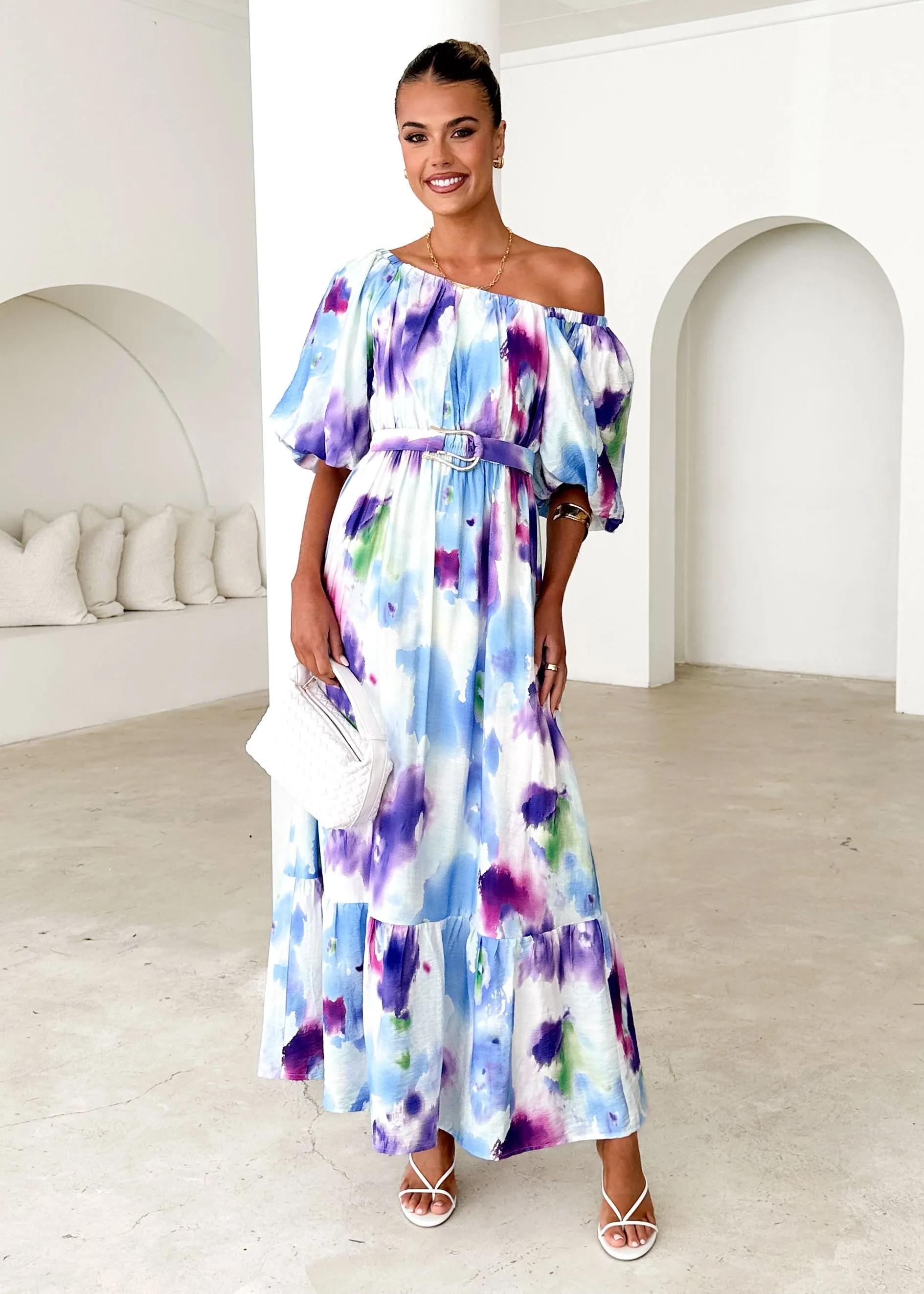 Halia Off Shoulder Midi Dress - Violet Watercolour sold by Gingham & Heels