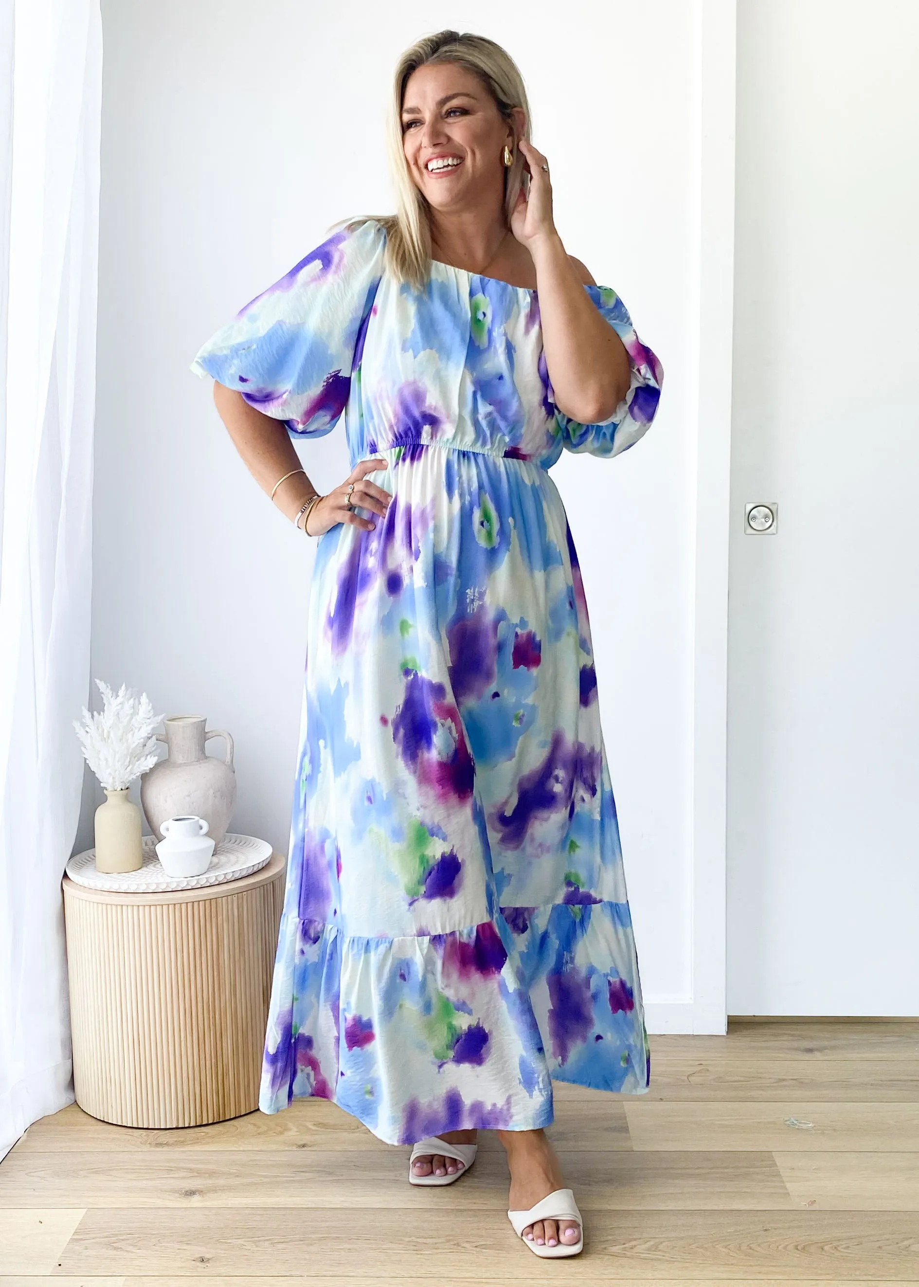 Halia Off Shoulder Midi Dress - Violet Watercolour sold by Gingham & Heels product image thumbnail 5