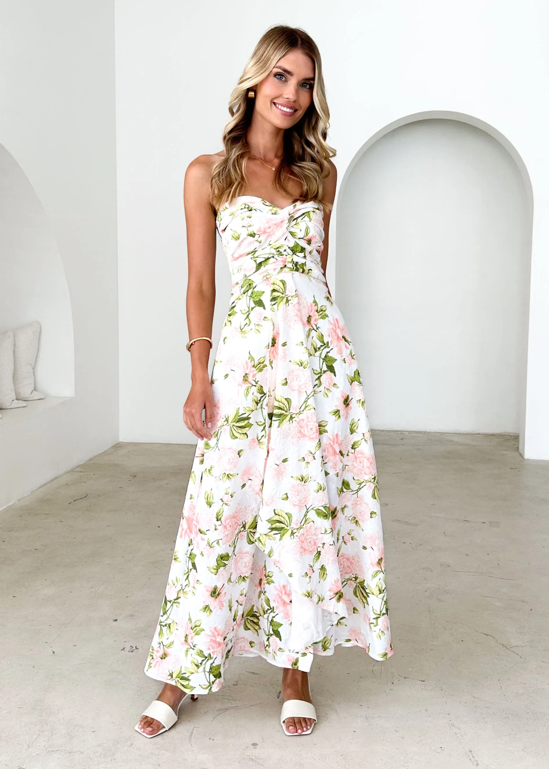 Naples Strapless Maxi Dress - Peach Floral sold by Gingham & Heels product image thumbnail 2