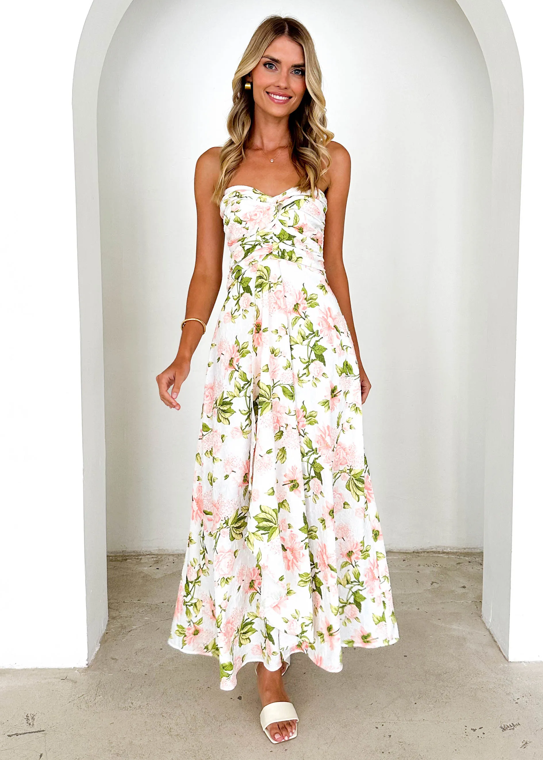 Naples Strapless Maxi Dress - Peach Floral sold by Gingham & Heels product image thumbnail 3