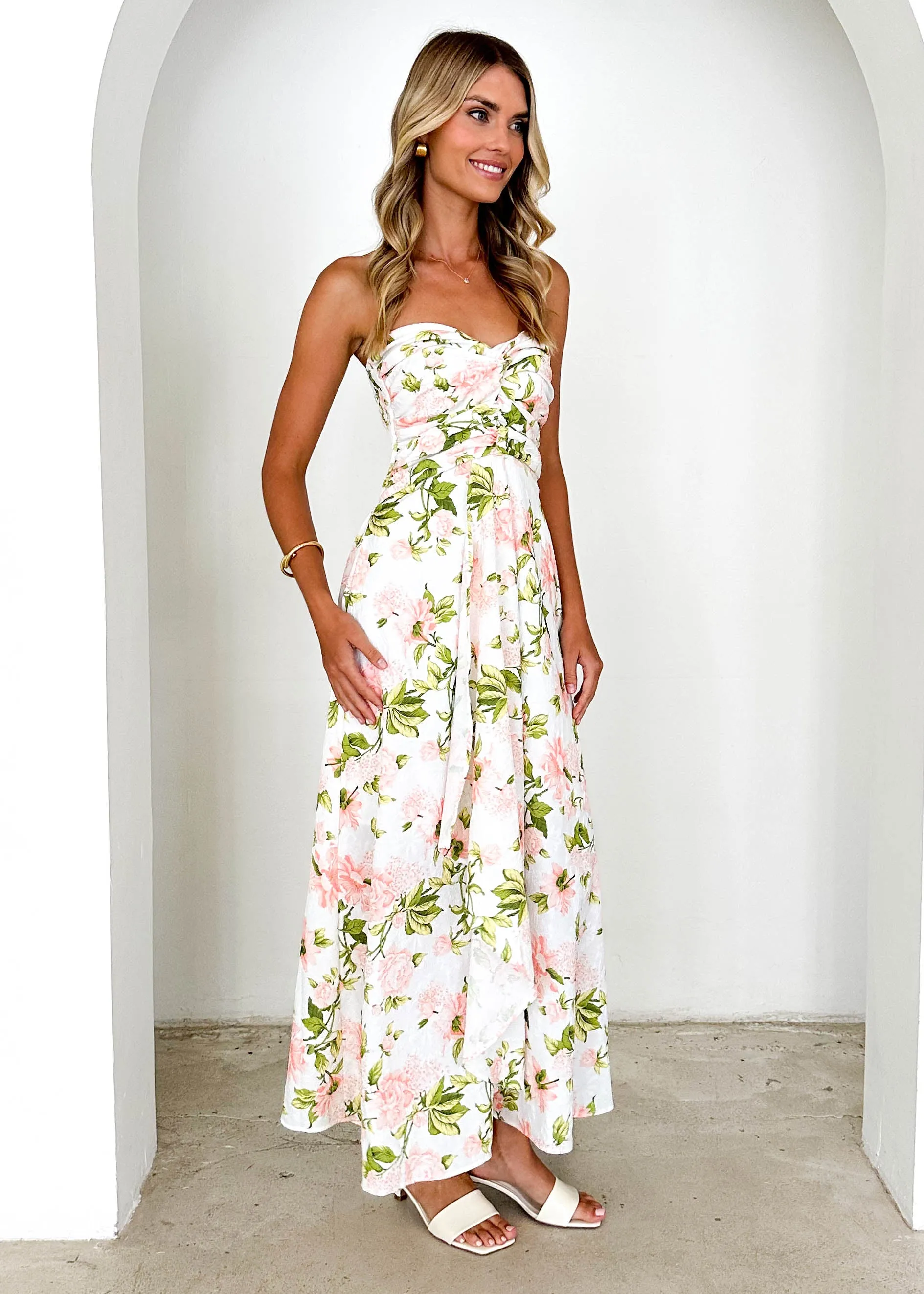 Naples Strapless Maxi Dress - Peach Floral sold by Gingham & Heels product image thumbnail 4