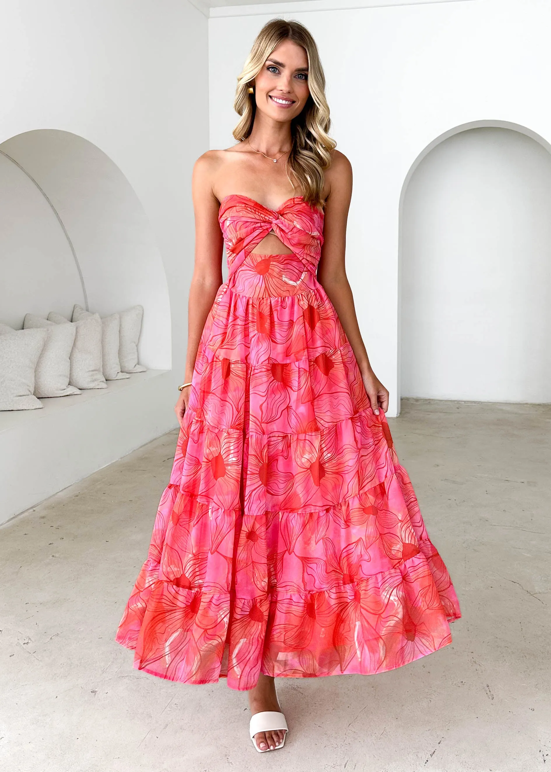 Noda Strapless Maxi Dress - Strawberry Abstract sold by Gingham & Heels