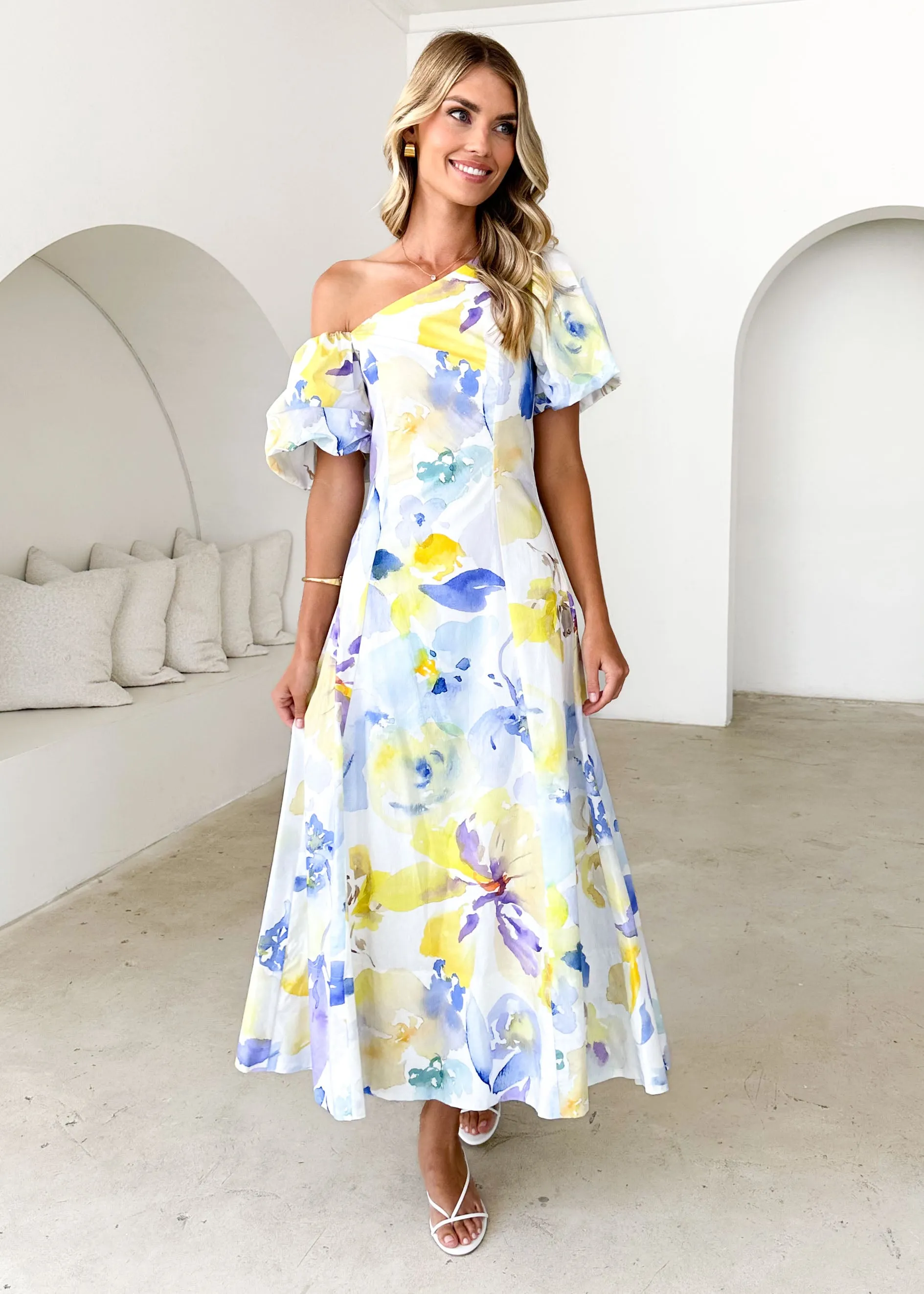 Delandra Maxi Dress - Lemon Watercolour sold by Gingham & Heels