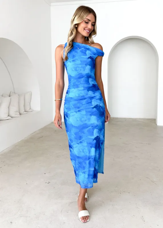 Darbie Mesh Maxi Dress - Blue Flowers sold by Gingham & Heels