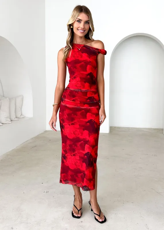 Darbie Mesh Maxi Dress - Red Flowers sold by Gingham & Heels