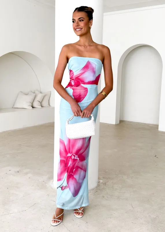 Willis Strapless Maxi Dress - Aqua Flowers sold by Gingham & Heels