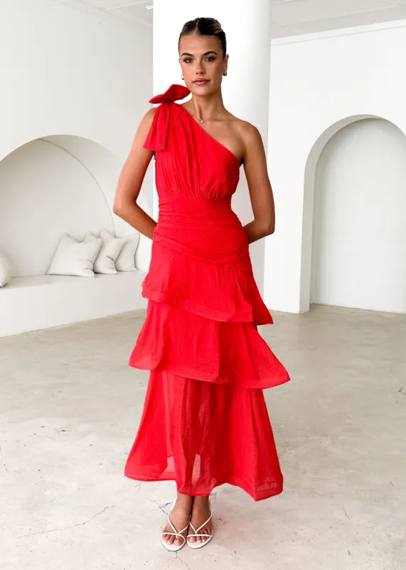Pinnie One Shoulder Midi Dress - Red sold by Gingham & Heels