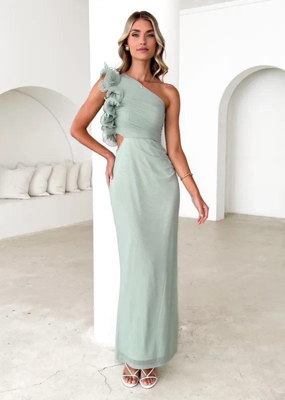 Oakes One Shoulder Mesh Maxi Dress - Sage sold by Gingham & Heels