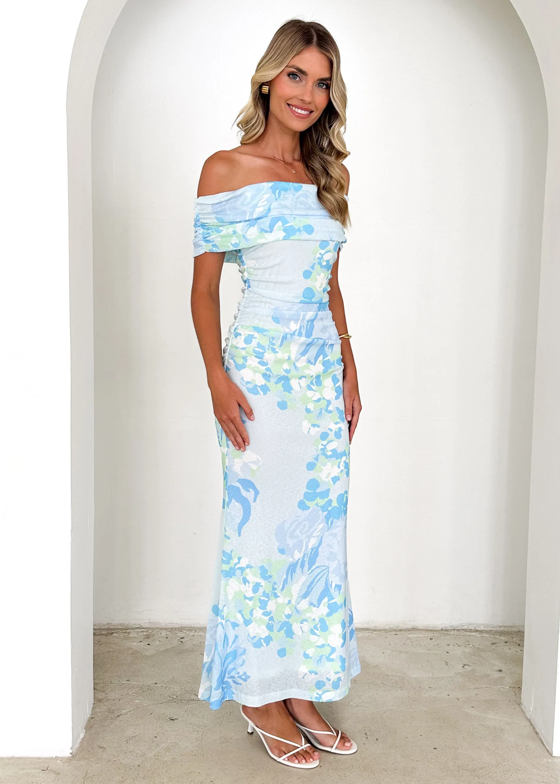 Iris Off Shoulder Mesh Maxi Dress - Blue Floral sold by Gingham & Heels product image thumbnail 4