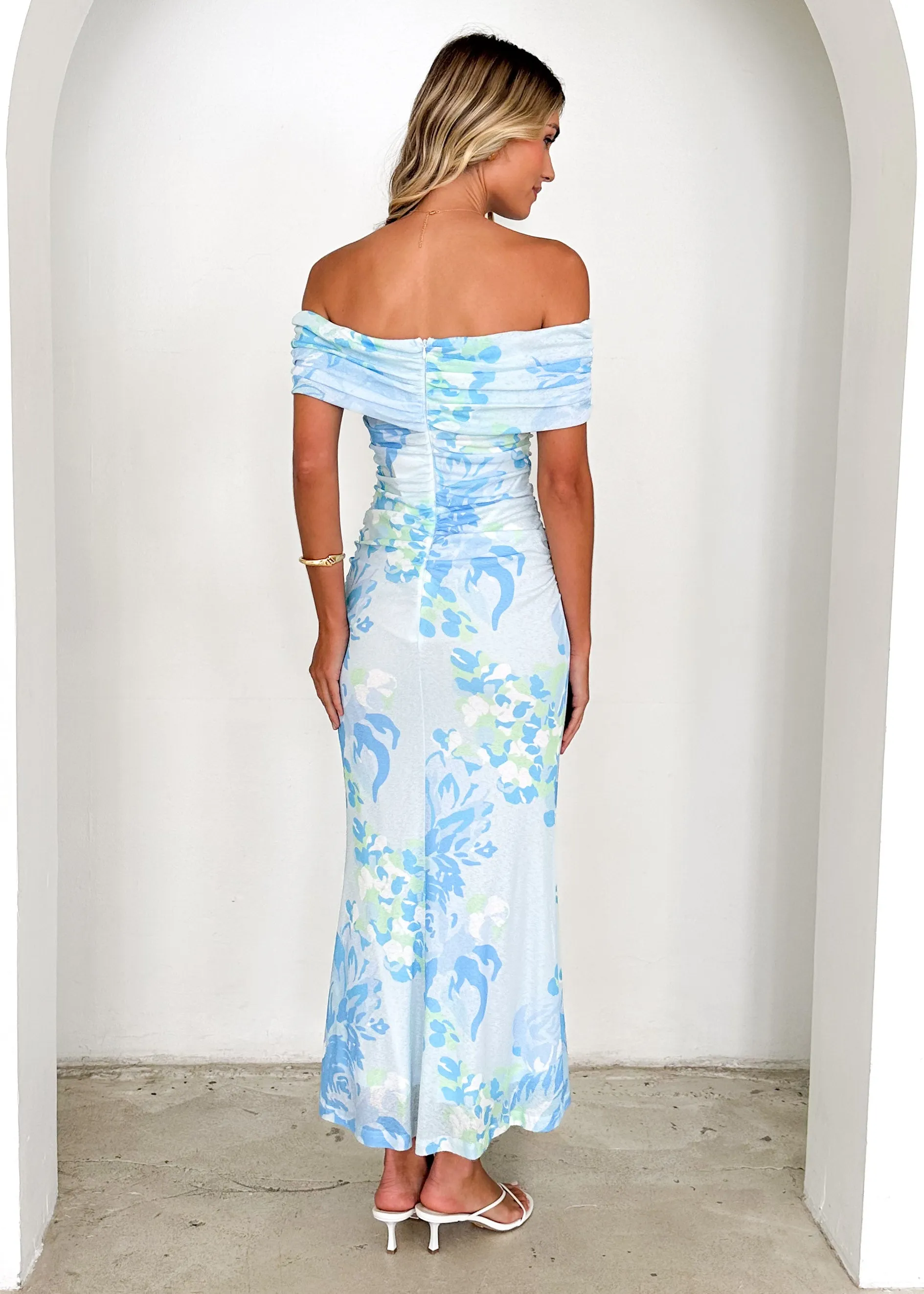 Iris Off Shoulder Mesh Maxi Dress - Blue Floral sold by Gingham & Heels product image thumbnail 5