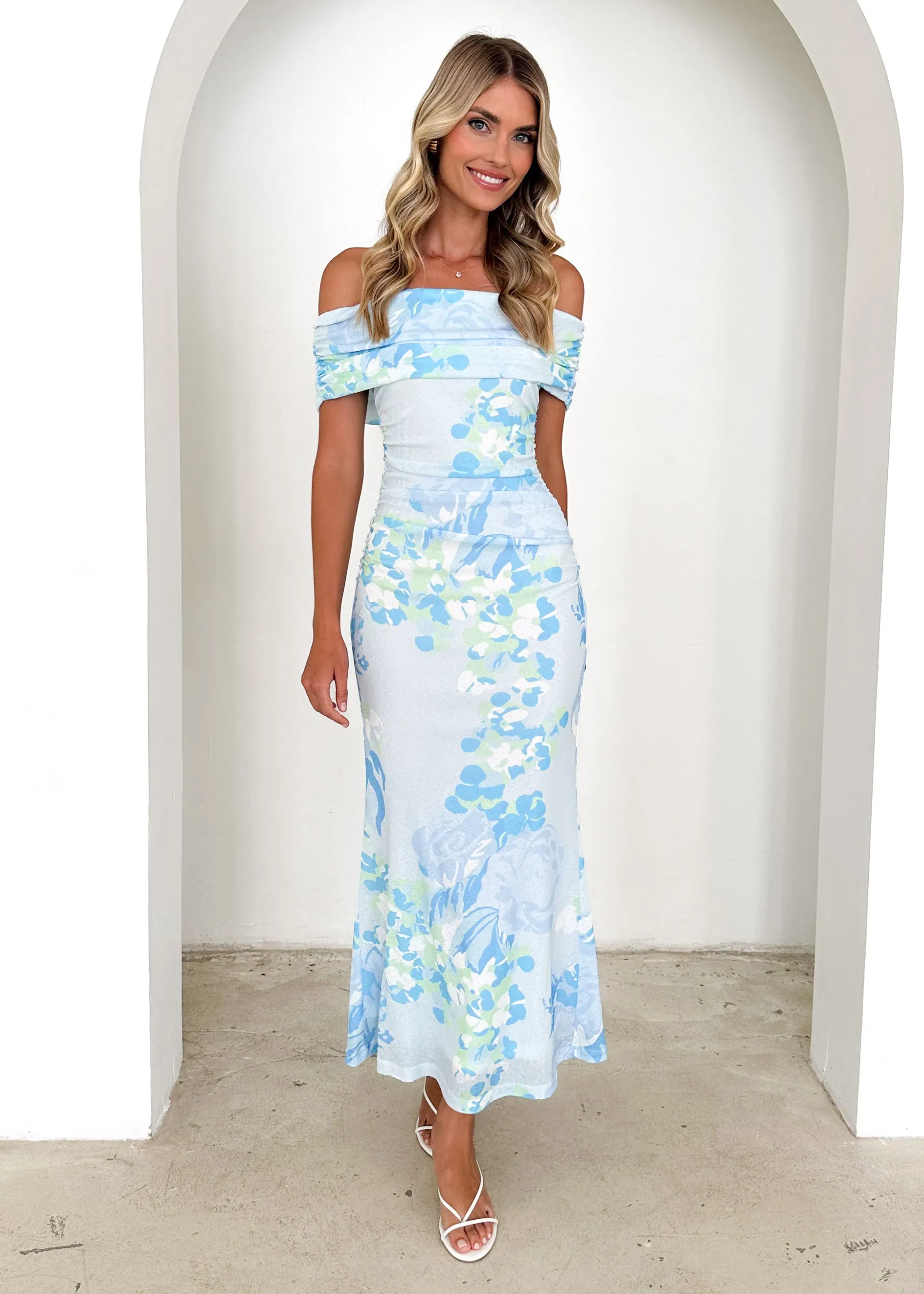 Iris Off Shoulder Mesh Maxi Dress - Blue Floral sold by Gingham & Heels product image thumbnail 3
