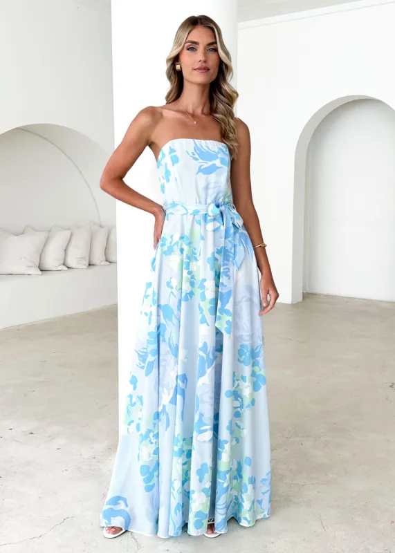 Jorgia Strapless Maxi Dress - Blue Floral sold by Gingham & Heels