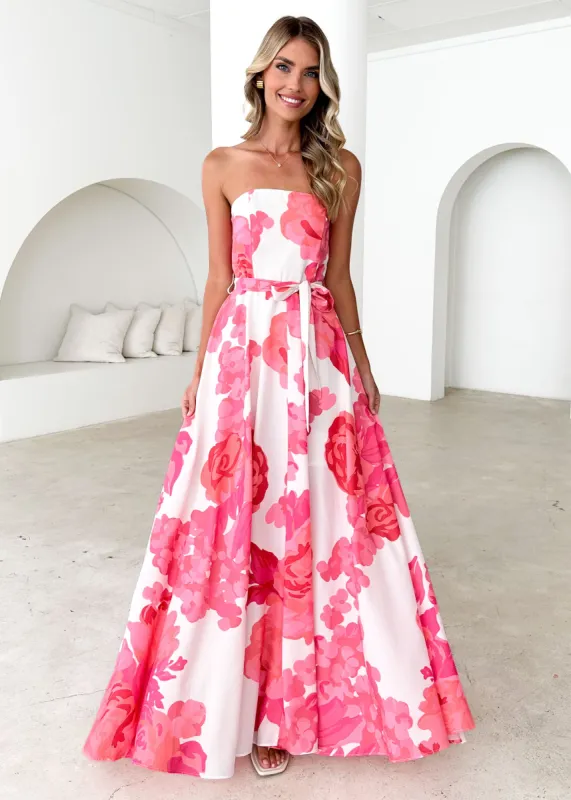 Jorgia Strapless Maxi Dress - Hot Pink Floral sold by Gingham & Heels