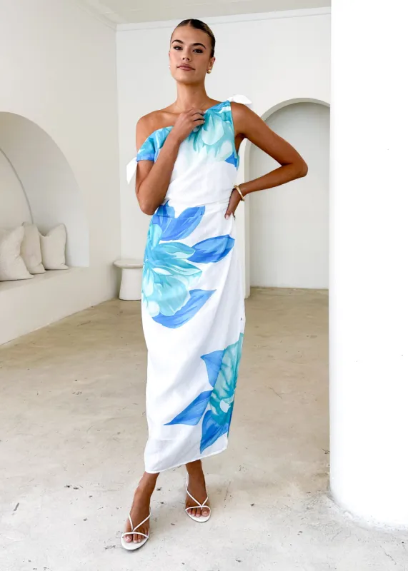 Dulcie One Shoulder Midi Dress - Blue Flowers sold by Gingham & Heels